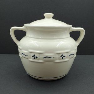 Longaberger Pottery Woven Traditions Classic Blue Cookie Jar Bean Pot Canister